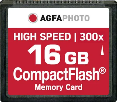Produktbild von AgfaPhoto Compact Flash, 16GB, 16384 MB, Kompaktflash (CF), 100000 Zyklen pro logischen Sektor, 42.8 mm, 3.3 mm, 36.4 mm