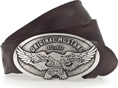A close-up shot of a dark brown leather belt with a large, oval silver buckle featuring an eagle design and text.