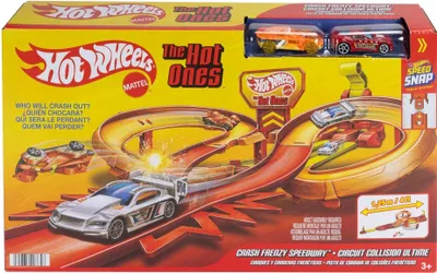Produktbild von Hot Wheels Action The Hot Ones Crash-Alarm-Rennstrecke-Trackset mit 2 Die-Cast-Spielzeugautos im Maßstab 1:64, Fahrzeug- & Schienen-Set, 3 Jahr(e), Kunststoff, Mehrfarbig