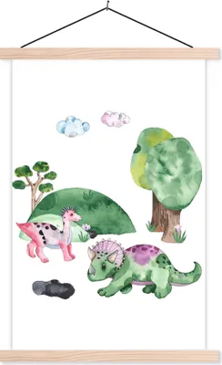 Produktbild von MuchoWow® Textilposter Dinosaurier - Kinderzimmer - Wolken - Jungen - Mädchen - Kinder - Kinder 120x180 cm mit holzfarbenen Rahmen - Textil-Plakat