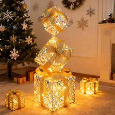 Produktbild von CCLIFE LED Geschenkbox 3er, Netzstecker Weihnachten Weihnachtenbox Beleuchtete Lichterkette Weihnachtsdeko, CushHom