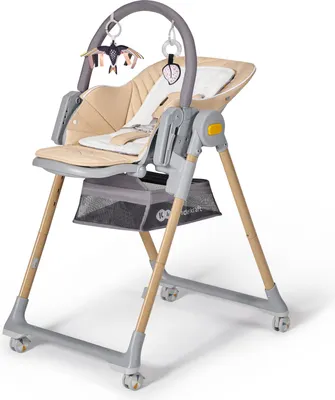 A baby high chair and bouncer combination in beige and gray, shown on a white background.
