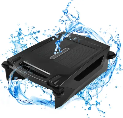 A black pool cleaning robot is shown with water splashing around it, suggesting it is waterproof and in use.