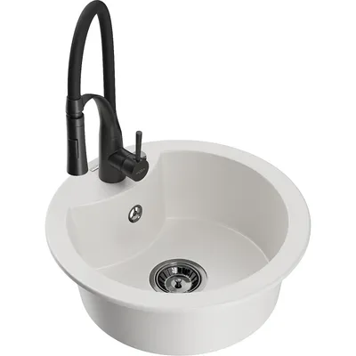Obrázek produktu pro Mexen Diego 1-miskový granitový dřez s kuchyňskou baterií Aster, Bílá - 6512-20-73450-70-B