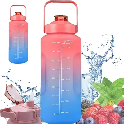 Image de Extralink Gourde motivationnelle 2000 ml, bouteille de sport avec paille, poignée et bandoulière, rouge et bleue