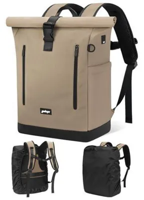 Produktbild von Rolltop Rucksack 24-30L Laptopfach 17 Zoll USB wasserabweisend Khaki Schwarz
