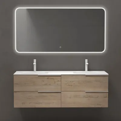 Produktbild von doporro Badmöbelset Waschbeckenunterschrank in Eiche Greige 144x48x52cm Unterschrank mit Mineralguss-Doppelwaschbecken Badezimmer 4 Schubladen Vanessa