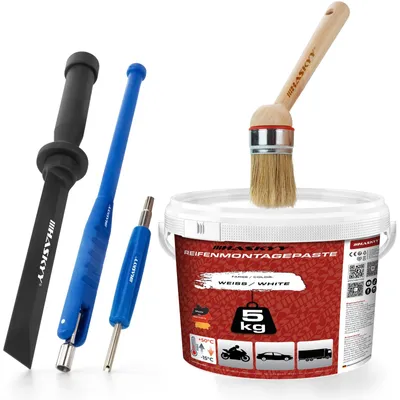 Produktbild von HASKYY Reifenmontagepaste 5kg Weiss Set Pinsel Ventileinzieher Ventileindreher Schaber