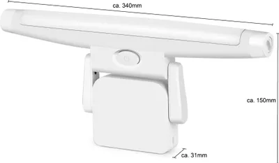 A white LED picture light with dimensions indicated by text overlays.