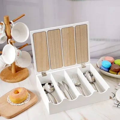 Produktbild von Famanu Besteckbox mit Deckel - Vintage Besteckkasten 4 Fächer - Küchen Organizer