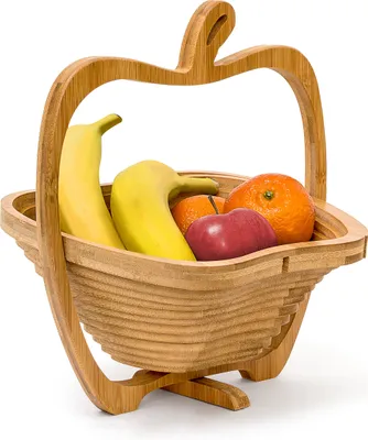 Immagine prodotto di Relaxdays Cesto pieghevole a forma di mela, D x L x A: 30 x 27 x 22,5 cm, cesto pieghevole in bambù, cesto per la frutta, utilizzabile anche come sottopiatto, pieghevole, marrone
