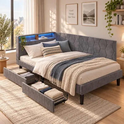 Produktbild von INONEFT Polsterbett Tagesbett 140x200 mit LED, Polsterbett Schlafsofa mit 2 Schubladen und Stauraum, Jugendbett Tagesbett mit USB, Gästebett, Grau