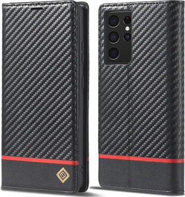 Obrázek produktu pro Pouzdro pro Samsung Galaxy S21 Ultra 5G Karbónové kožené pouzdro s držákem karet, magnetem a stojánku černé Horizontální červené