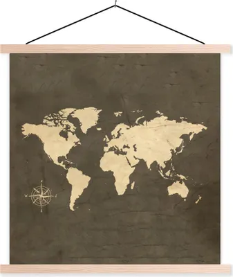 Produktbild von MuchoWow® Textilposter Weltkarte - Vintage - Windrose 120x120 cm mit holzfarbenen Rahmen - Textil-Poster