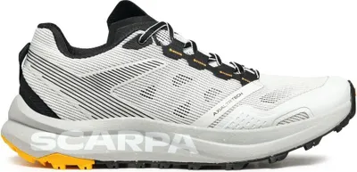 Trailrunning-Schuhe für Herren von Scarpa; Modell Spin Planet in Weiß und Schwarz mit gelben Akzenten.
