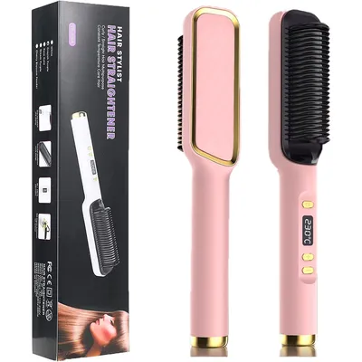 Produktbild von Glätteisen, Negativ Ionen Haarglättungskamm, Lockenstab, Verbrühungsschutz, professionelle Haarstylinggeräte, Für glattes und lockiges Haar, rosa