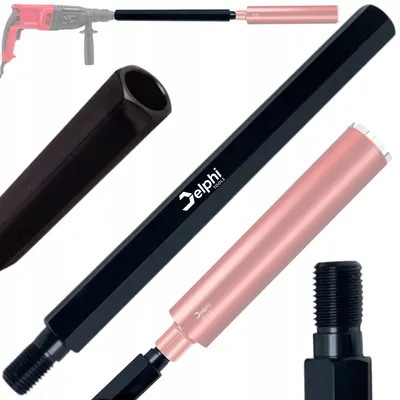 A product image displaying various parts of a drill extension and adapter set, with a portion of a rotary hammer drill visible in the top left corner.