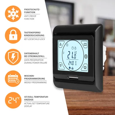 A digital thermostat is shown with feature icons and text descriptions on the left side, and the thermostat display on the right.