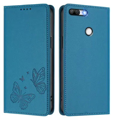 Produktbild von Lederhülle für Honor 9 Lite, Schmetterling Prägung Leder Brieftasche Schutzhülle mit Ständer Blau