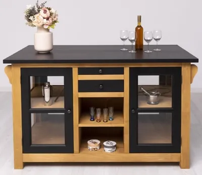 Obrázok produktu pre Casa Padrino kuchynský ostrov vo vidieckom štýle čierna / prírodné farby 150 x 90 x v. 90 cm - Kuchynská linka z masívu - Kuchynský nábytok z masívu vo vidieckom štýle - Nábytok do jedálne z masívu vo vidieckom štýle
