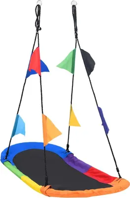 A colorful nest swing with flags hanging from the ropes, suspended against a white background.
