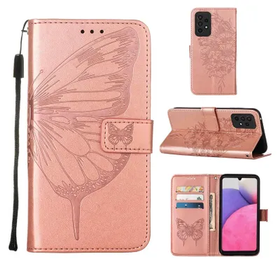 Produktbild von Galaxy A33 5G Hülle, Schmetterling Prägung Flip Leder Kartenfächer Schutzhülle Ledertasche mit Ständer für Samsung Galaxy A33 5G Roségold