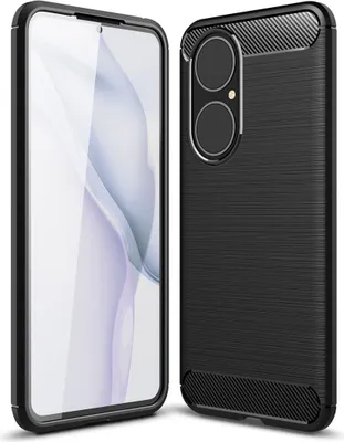 A black phone case with a carbon fiber texture is shown next to a smartphone.