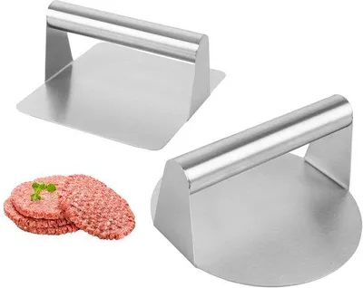 Image de Ibenzoa® - Ensemble de 2 presses à burgers en acier inoxydable professionnel : une ronde (Ø 14 cm) et une carrée (14 x 17 cm), pour une utilisation au barbecue et en cuisine