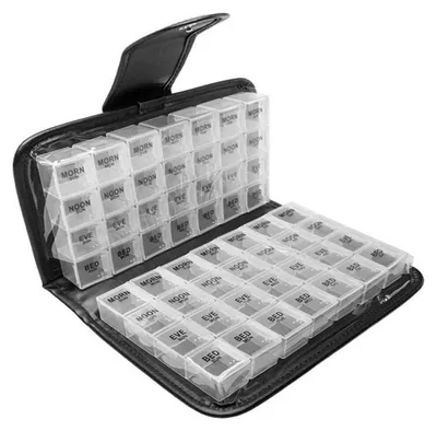 Obrázok produktu pre Krabička na tablety na 14 dní, 4 priehradky: ráno, obed, večer. Priehľadná, prenosná