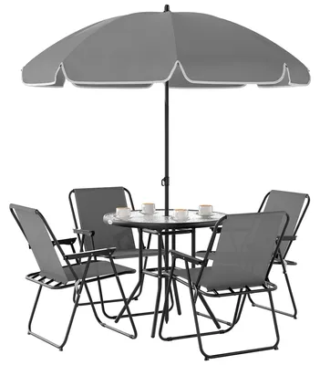Immagine prodotto di Set da Giardino 6 Pezzi con 4 Sedie Pieghevoli Ombrellone e Tavolo Rotondo Grigio e Nero