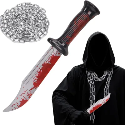 Imagen del producto de Cuchillo de Halloween con cadena, 34 cm, plástico, accesorio espeluznante para disfraces