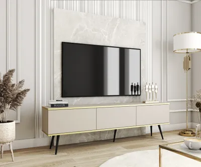 Produktbild von TV-Schrank Rodi - TV-Möbel mit 3 Klappen, Füße - TV-Lowboard 175 cm, Wohnzimmer, PUSH TO OPEN (Beige + Schwarz)
