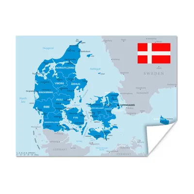 Produktbild von MuchoWow® Poster Illustration einer blauen Karte von Dänemark mit einer Flagge 40x30 cm - Plakate für die Wände - Poster Wohnzimmer