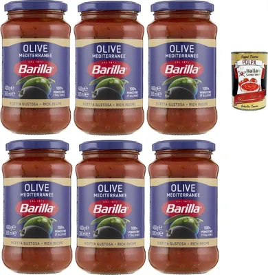 Produktbild von Barilla Olive Mediterranee Pasta-Sauce – 6 x 400 g (2,4 kg) | Tomaten mit grünen & schwarzen Oliven – fruchtig-herzhaft, servierfertig, ohne Konservierungsstoffe + Italian Gourmet polpa