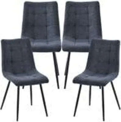 Four dark gray dining chairs are arranged in a studio setting against a white background.