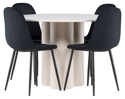 Image de Olivia ensemble pour salle à manger table Ø110cm et 4 chaises velours beige.
