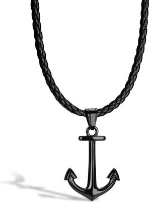 Produktbild von SERASAR | Lederhalskette für Männer [Anchor] mit Schwarz Stainless Steel | Farbe: Schwarz | Länge: 60cm