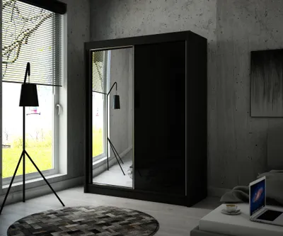 Produktbild von Kleiderschrank Velen mit Kleiderstange, Regale, Spiegel, Schiebtürenschrank 120 / 150 / 200 cm (Breite: 150 cm, Farbe: Schwarz + schwarzes Hochglanz)