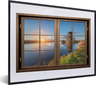 Produktbild von MuchoWow® MuchoWow® Gerahmtes Poster Aussicht - Mühle - Sonnenuntergang 40x30 cm - Poster mit zchwarzem Bilderrahmen - Bilderrahmen - Poster im Rahmen