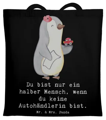 Produktbild von Mr. & Mrs. Panda Schultasche Autohändlerin Herz - Schwarz - Geschenk, Tasche, Shopping, Jutebeutel, Witzig, Beruf, Lustig, Autohandel, Spruch, Baumwolltasche, Tote Bag