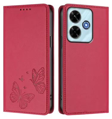 Produktbild von Lederhülle für Xiaomi Redmi 13 4G, Schmetterling Prägung Leder Brieftasche Schutzhülle mit Ständer Rot