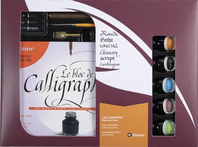 Image de J.Herbin 149B Coffret cadeau de calligraphie (avec 2 plumes à tirette à ruban, 2 plumes, 1 porte-plume, 1 pinceau, 5 flacons d'encre, 1 bloc de papier vélin 125g et mode d'emploi)