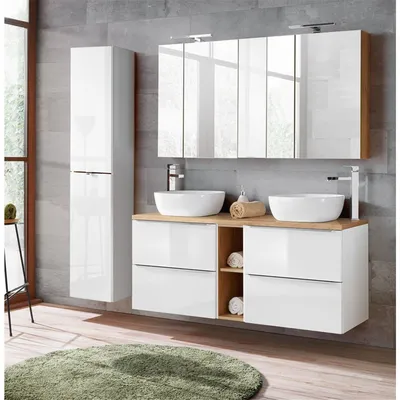 Produktbild von Badmöbelset mit Doppel-Waschtisch inkl. 2 Keramik-Aufsatzbecken TOSKANA-56 Hochglanz weiß/Wotaneiche BxHxT ca. 195/190/46cm