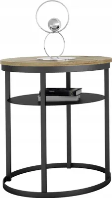 Zdjęcie produktu dla Okrągły Stolik Kawowy z Półką Do Salonu Loft 55 cm Metal Czarny+Dąb Artisan