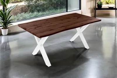 Produktbild von Esstisch Josy | 180 x 90 cm | Holz Nussbaum-Optik | X-Gestell Metall weiß | 40 mm Tischplatte mit Baumkante | Tisch für Esszimmer & Küche
