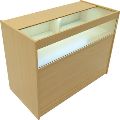 Produktbild von Ladentheke Ahorn 120x90x60cm mit LED-Beleuchtung & abschließbaren Schiebetüren Modell B1200