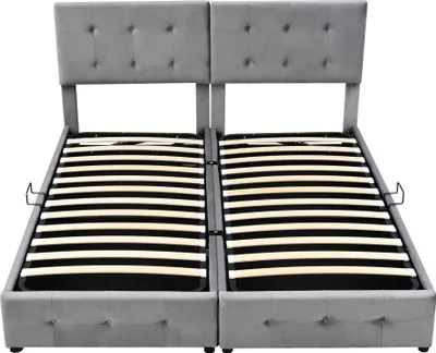 Produktbild von Flieks Hydraulisches Polsterbett 180x200cm mit Stauraum, Boxspringbetten Stauraumbett mit Lattenrost, Jugendbett Doppelbett Kinderbett, Samt, Grau