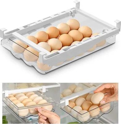 Obrázek produktu pro Uniqoos® – Průhledný, výsuvný úložný box na vejce do lednice, pojme až 21 vajec, materiál: PET+ABS, rozměry: 30×20×8,5 cm, teleskopický výsuv: 30–44 cm, s madlem