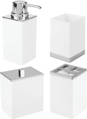 Produktbild von mDesign Badzubehör Zahnbürstenhalter Seifenspender Organizer 4er Set Weiß/Silber