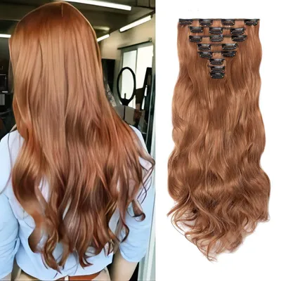 Image de Extensions à clipser, cheveux synthétiques ondulés, 45 cm, 8 pièces, couleur auburn clair